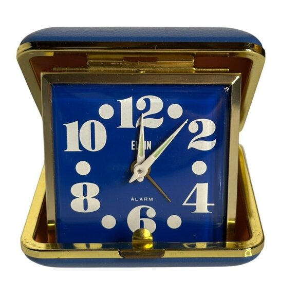 VTG 1970s Elgin Blue Square Travel Alarm Clock Folding Case Gold 3" NOT WORKING - Picture 1 of 8